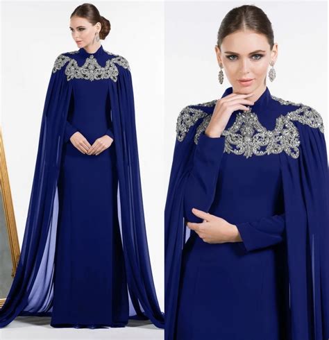 High Neck Royal Blue Chiffon Evening Dresses 2017 With Cape Luxury