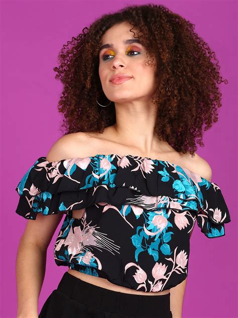 Buy Popwings Floral Print Off Shoulder Flutter Sleeve Bardot Crop Top