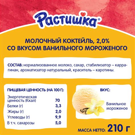 Молочный коктейль «Растишка» вкус ванильного мороженого 2,0%, 210 г ...