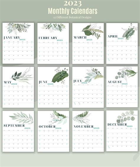 A Calendar With Green Leaves And Plants On It