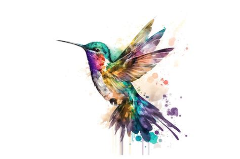 Dibujo de colibrí con pinturas de acuarela multicolores aisladas sobre