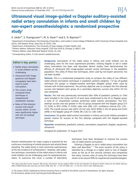 Pdf Ultrasound Visual Image Guided Vs Doppler Auditory Assisted Radial Artery Cannulation In