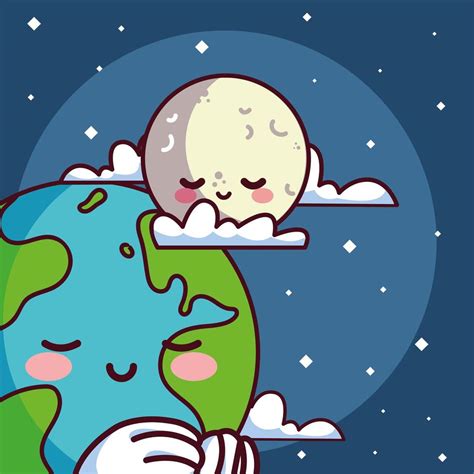 Kawaii Planeta Tierra Con Luna Sonriendo 1237472 Vector En Vecteezy