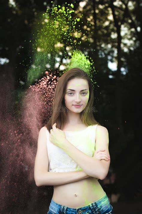 Nice Brunette Woman With Powder Exploding Aroung Her Stock Image Image Of Beauty Face 79394343