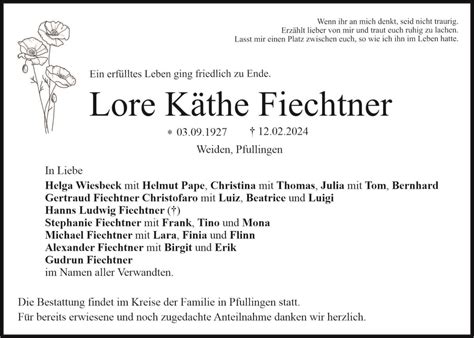 Traueranzeige Lore K The Fiechtner Weiden Oberpfalzecho