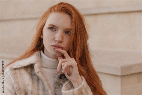 Close Up Portrait Of Thoughtful Young Girl Posing Outdoors Attractive