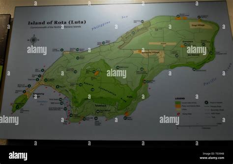 ROTA, CNMI, USA—OCTOBER 2016: Map of the island of Rota mounted outside ...