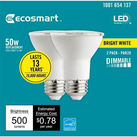 EcoSmart 50-Watt Equivalent PAR20 Dimmable Energy Star LED Light Bulb Bright White (2-Pack ...