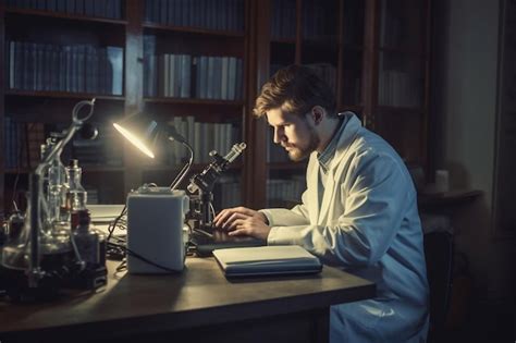 Cientista de laboratório barbudo ou médico usando laptop e microscópio