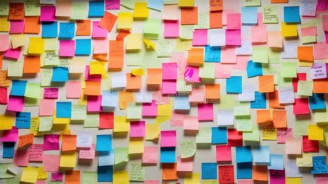 Close Up Of Wall Covered With Lots Of Sticky Notes In Different Colors