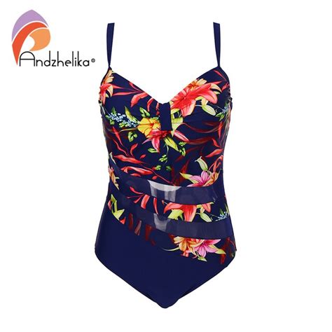 Andzhelika Bikini Plus Size Swimwear Women One Piece Swimsuit Sexy Mesh Floral Patchwork