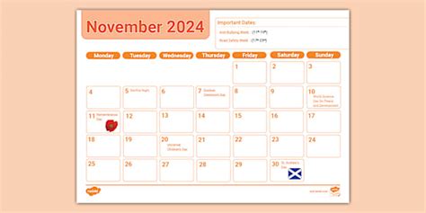 Interactive: November Events First Level Teacher Calendar