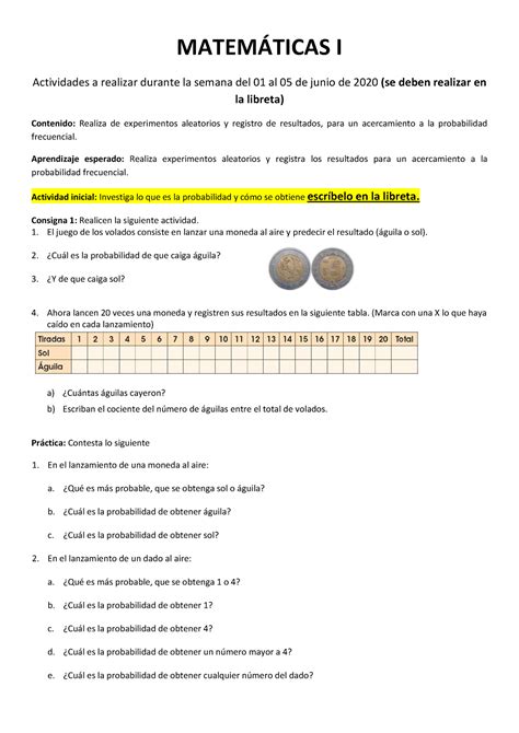 Aguila O SOL Actividades de probabilidad MATEMÁTICAS I Actividades
