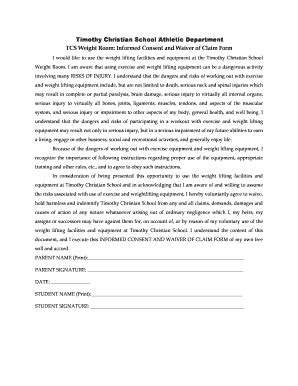 Fillable Online Timothychristian Tcs Weight Room Consent Form Timothy