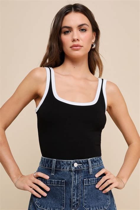 Black And White Bodysuit Scoop Neck Top Color Block Bodysuit Lulus