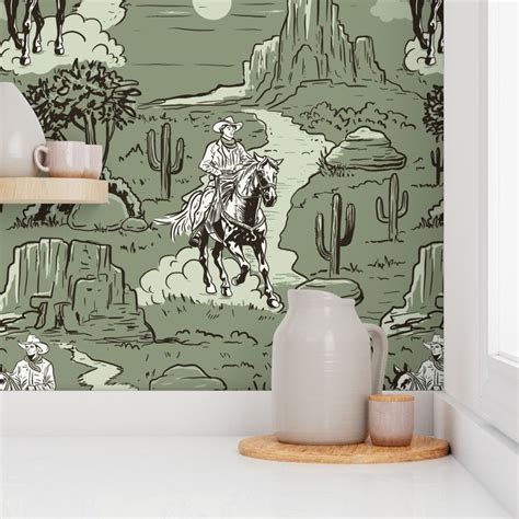 vintage retro western cowboy toile , Wallpaper | Spoonflower