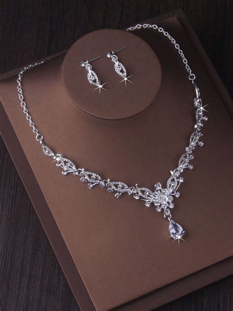 High End Bridal Jewelry Set For Women Floral Rhinestone Water Drop