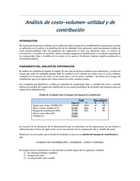 Analisis De Costos Ejercicios De Trabajo Anlisis De Costo Volumen