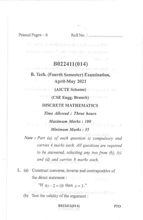 Btech Cse 4 Sem Discrete Mathematics B022411 May 2021 B Tech In Civil