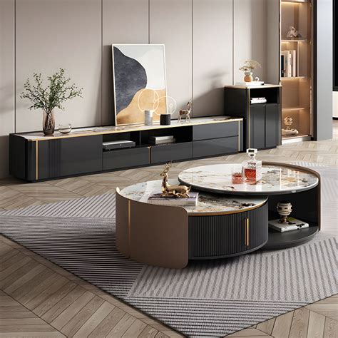 Modern Round Stone Coffee Tables Set With Wood Drum Base Drawers And