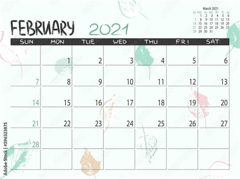 Calendar 2021 year. February 2021 planner. Desctop calendar design ...