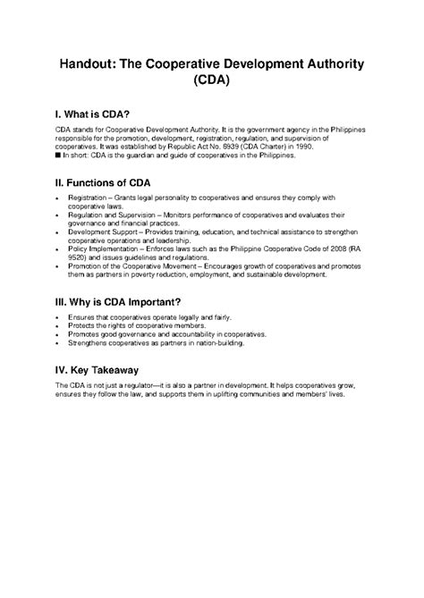 CDA Lecture Notes: Understanding the Cooperative Development Authority