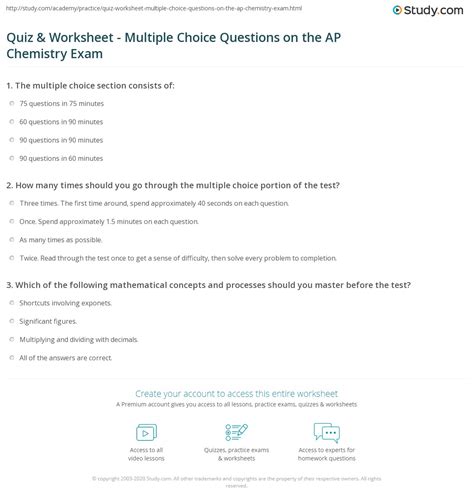 Quiz And Worksheet Multiple Choice Questions On The Ap Chemistry Exam