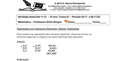 EAD EMEF Nova Petrópolis Turma 61 Matemática Profª Silvia Borges