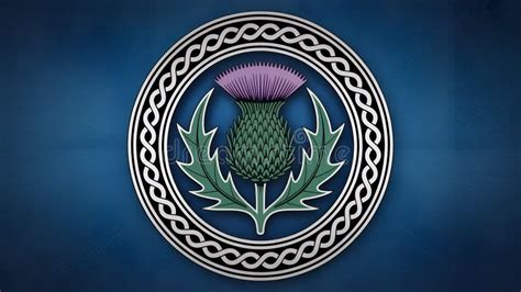 scottish thistle emblem  celtic knot border symbol stock