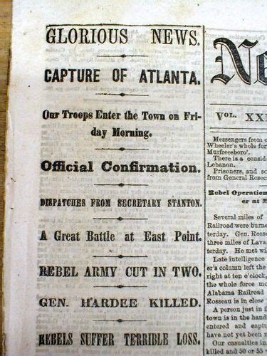 Best 1864 Civil War Newspaper W 1st Report Headline Capture Of Atlanta