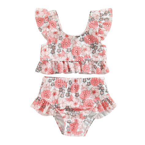 Elippeo Baby Girls Bikini Set 6 9 12 18 24 Months 3 Years Flower Bull Head Print Fly Sleeve Vest