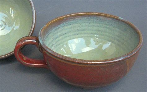 Large Deep Soup Cereal Bowl With Handle Brown Red Green Etsy