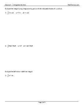 Integration By Parts Worksheet By Math Fortress Tpt