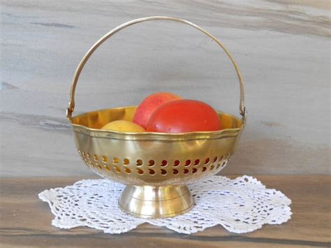 Vintage Brass Pedestal Bowl With Handle Brass Fruit Bowl Etsy