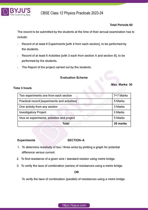 Cbse Class 12 Physics Practicals 2023 24 Total Periods 60 The Record To Be Submitted By The