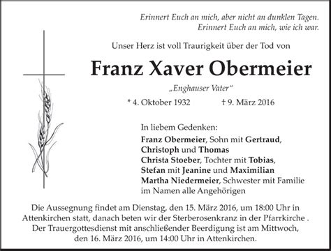 Traueranzeigen Von Franz Xaver Obermeier Trauer Merkur De