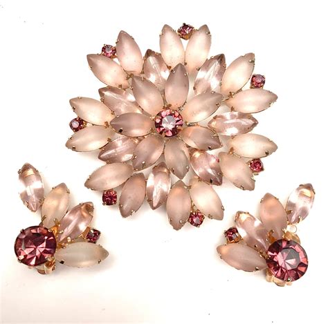 Rhinestone Flower Brooch Earring Set Frosted Pink Givre Molded Etsy