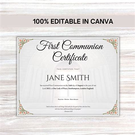 First Communion Certificate Editable Baptism Certificate Template