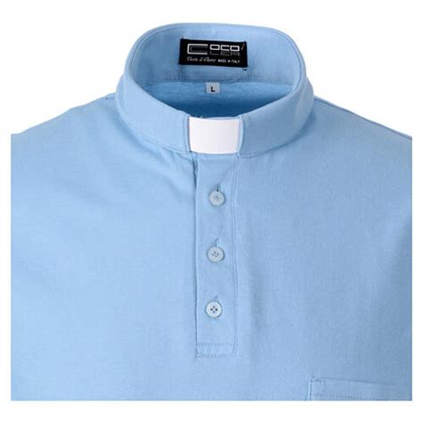 Light Blue Clergy Shirt Cococler Polo Short Sleeve Piquet Regular