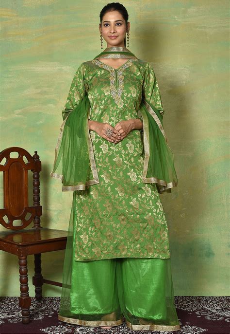 Woven Art Silk Jacquard Pakistani Suit In Green KUF15772