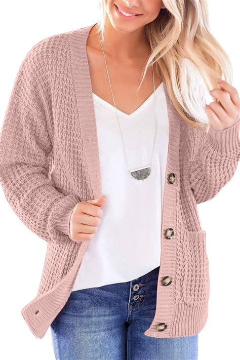 Light Mauve Button Down Waffle Knit Cardigan Shopperboard