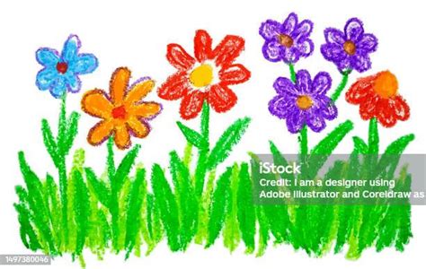 Kids Drawing Flowers Hand Drawn Illustration With Color Wax Crayons Stock Illustration ...