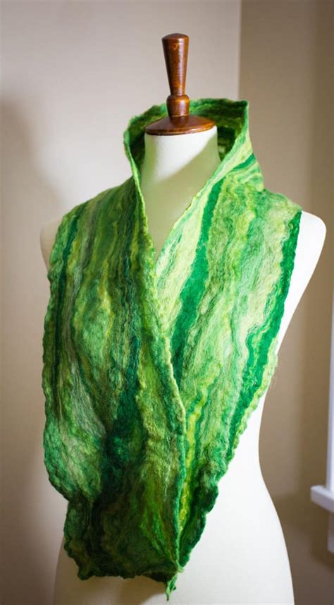 Cobweb Merino Wool And Tussah Silk Scarf Green St Etsy Felted