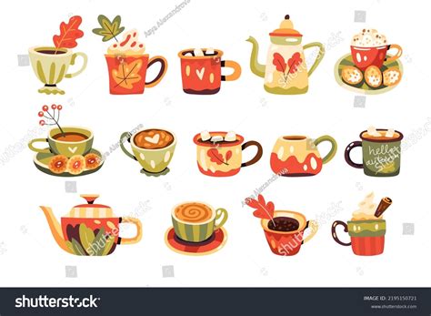 Set Autumn Cups Hot Drinks Cacao Stock Vector Royalty Free 2195150721 Shutterstock