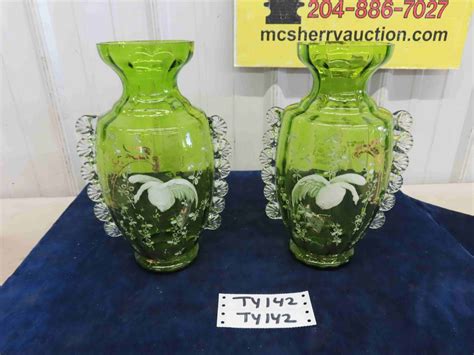 Pair Of Vintage Hand Painted Green Glass Vases 11 1 2 Tall