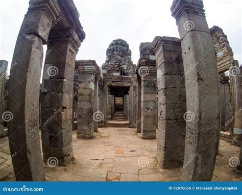 Enigmatic Giant Stone Faces Of Ancient Bayon Temple In Angkor Th Stock