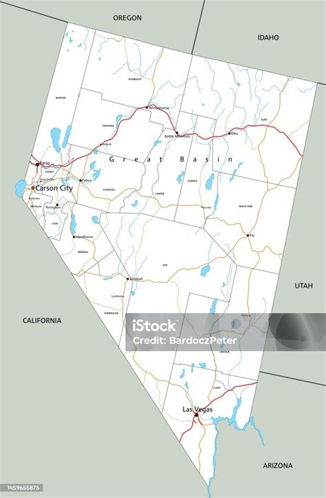 High Detailed Nevada Road Map With Labeling Stock Illustration ...