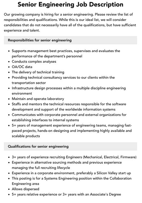 Senior Engineering Job Description Velvet Jobs