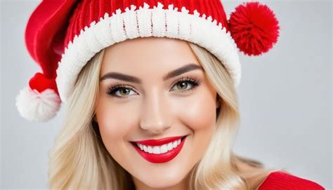 Premium AI Image Christmas Portrait Of A Beautiful Smiling Blonde Woman In A Red Hat With Pompoms