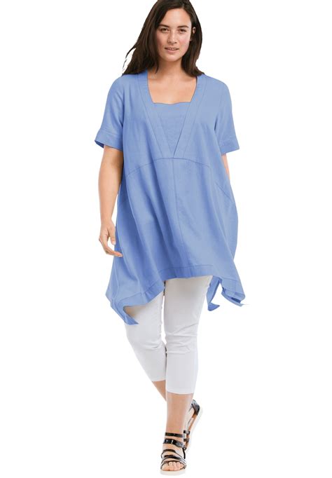 Ellos Ellos Women S Plus Size Linen Blend Hanky Hem Tunic 30 32 Dusty Cornflower Blue